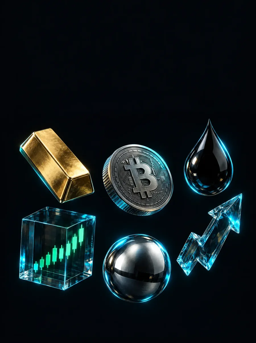 Gold bar, Bitcoin coin, oil drop, glass candlestick cube, steel sphere and a glass arrow floating in the dark