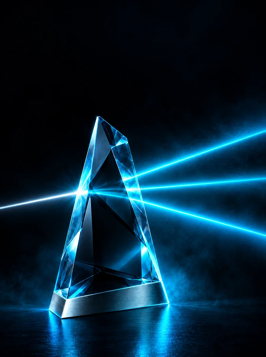 A faceted crystal prism on a steel base, splitting a white beam into cyan rays