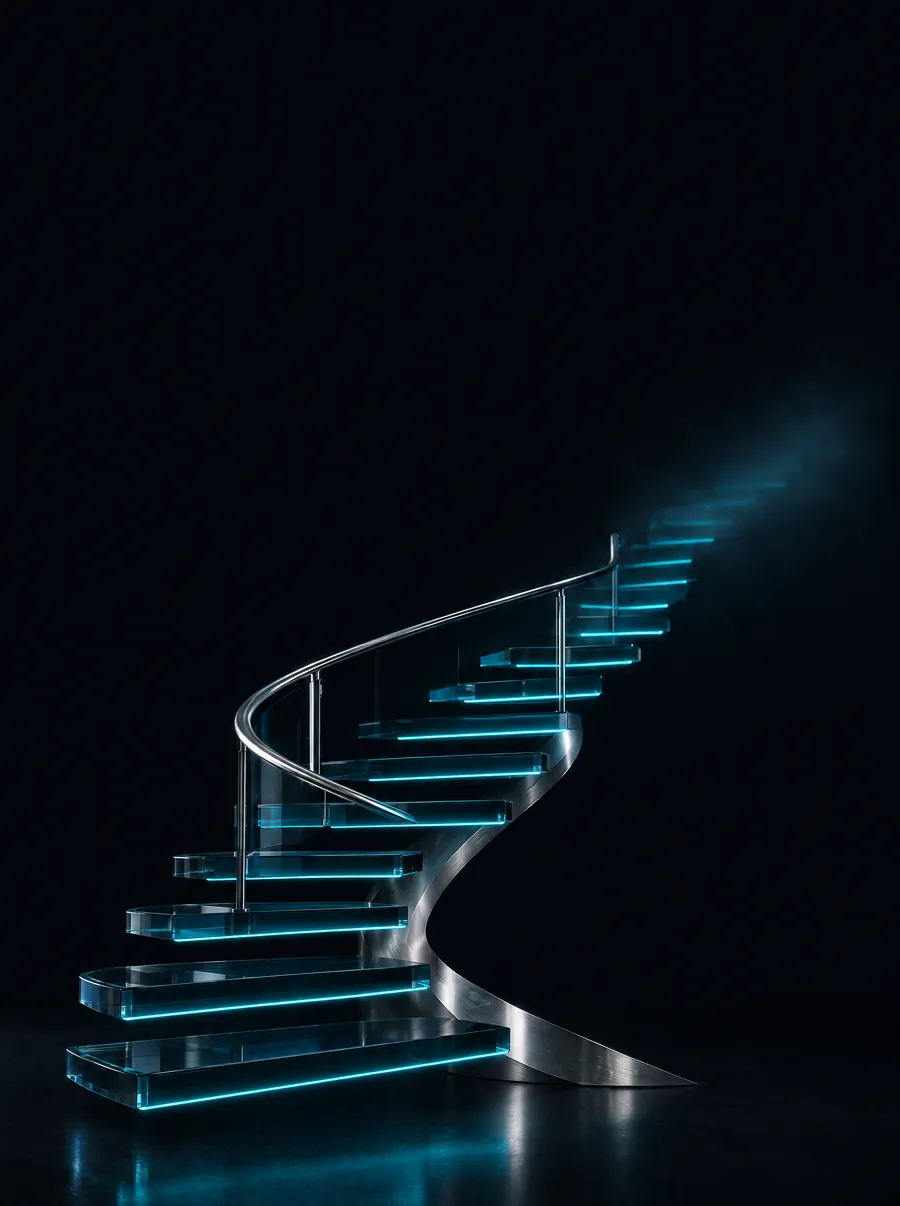 Glass staircase with cyan-lit steps rising into the dark