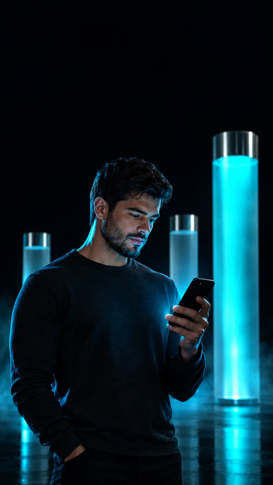 A trader checking his phone, lit in cyan, in front of glowing glass columns
